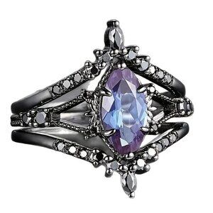 Marquise Cut Alexandrite Engagement Wedding Ring Set with Moissanite in Rhodium